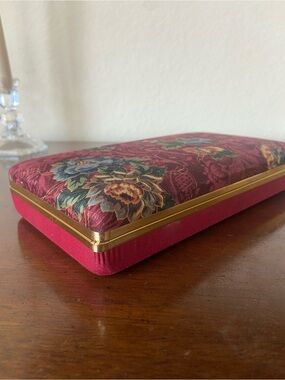 Vintage Floral Upholstered Decorative Jewelry Box in Deep Red with Gold Trim
